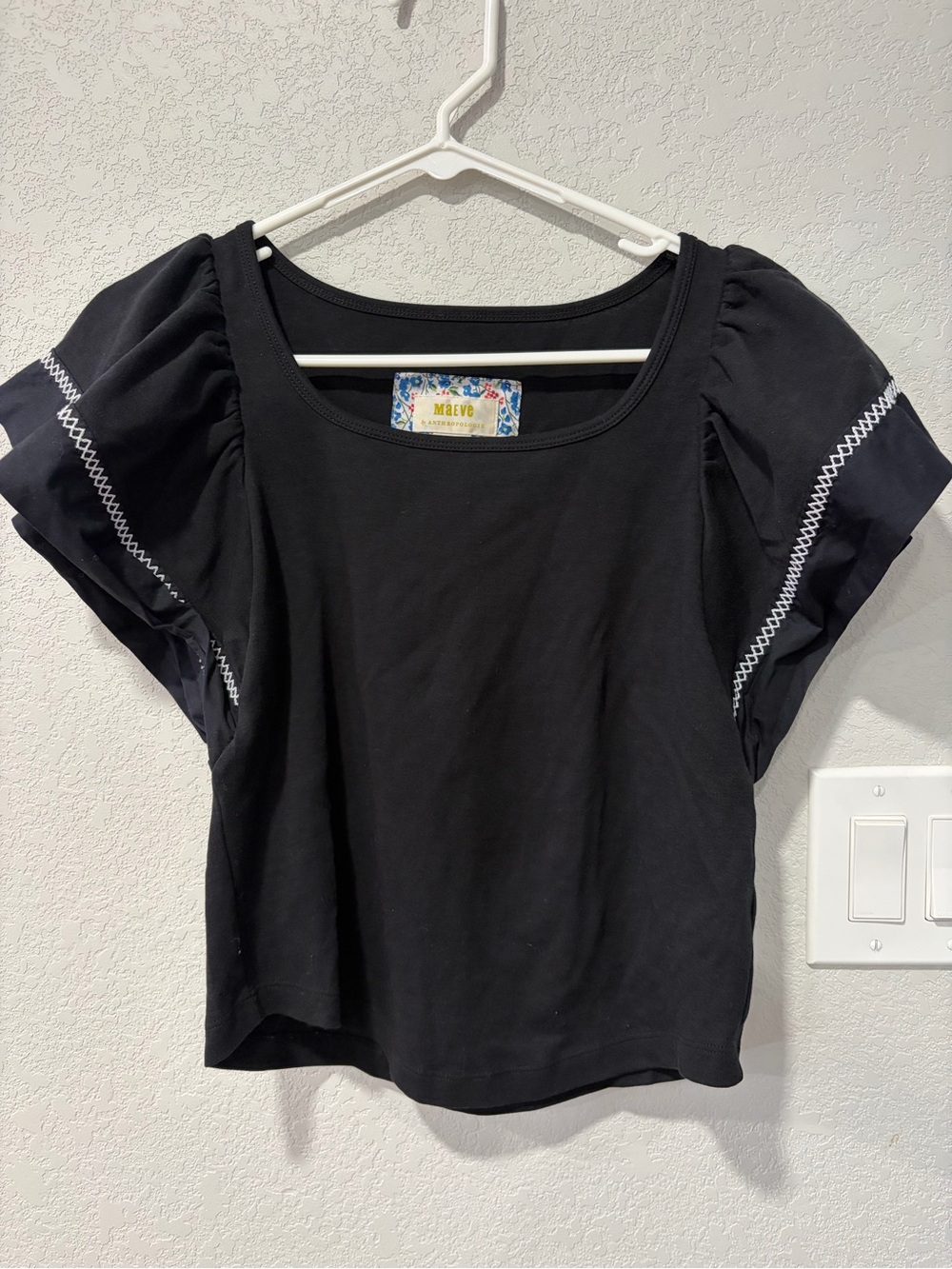 Maeve Black Puff Sleeve Tee with Contrast Stitching